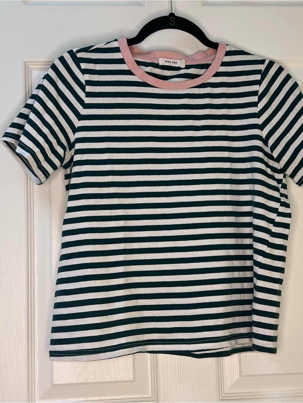 Mod Ref Women's Green Stripe Short Sleeve Pink Trim Spring Summer Preppy Small